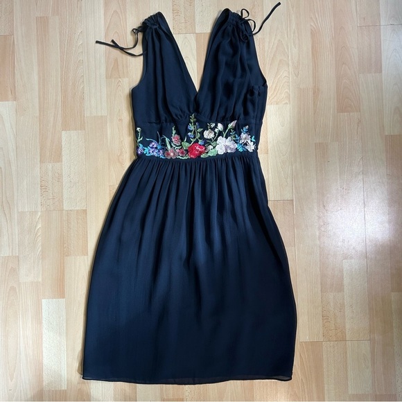 DKNY Black Silk Babydoll Floral Embroidered Mini Dress size 6 Whimsigoth Event - Picture 7 of 14